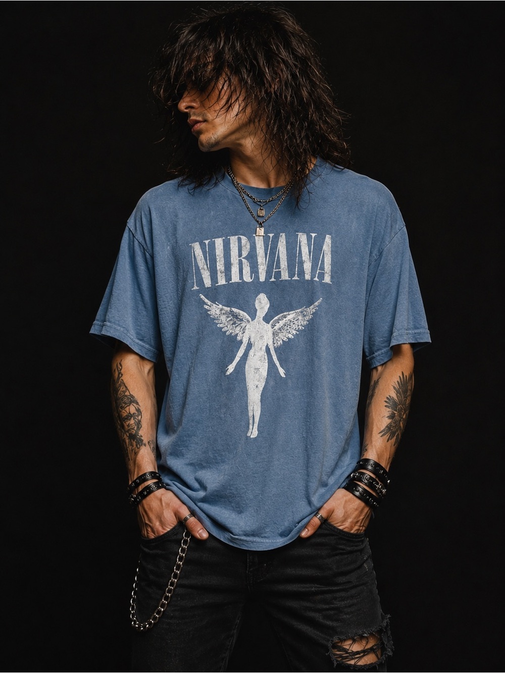 NIRVANA Blue Graphic Tee with White Angel Print